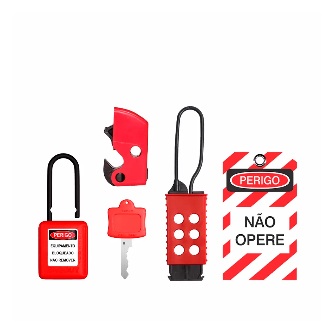 KIT DE BLOQUEIO NR10 PARA DISJUNTORES MOTOR, DIN, NEMA E CAIXA MOLDADA (Etiqueta + Cadeado + Garra + Dispositivo Univ.)