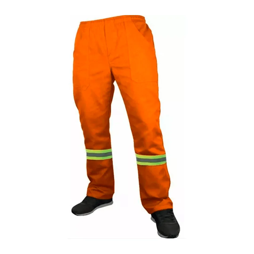CALCA EM BRIM LARANJA COM FAIXA REFLETIVA 100% ALGODÃO COSTURA TRIPLA REFORÇO COM TRAVETE ELASTICO TOTAL